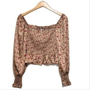 LUSH Floral Peplum Top Smocked Front Square Neckline Long Sleeve Size M